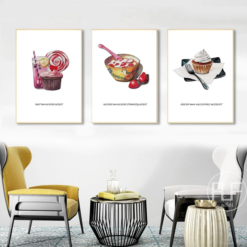 Modern Home Decoration Wall Art Pictures Cartoon Dessert Canvas Painting Watercolor Cake Nordic Poster For Coffee Shop Kitchen | Дом и сад