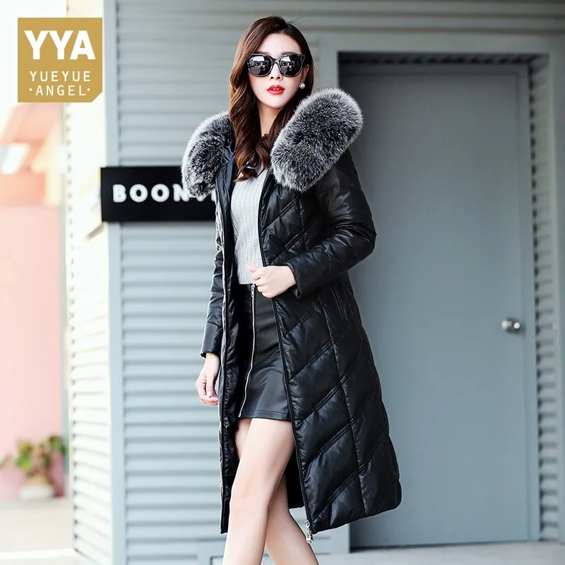 Women Winter Down Jacket Plus Size 5XL Thick Warm Long Leather Jacket Fox Fur Hooded Coat Slim Fit Womens Real Leather Jackets
Women Winter Down Jacket Plus Size 5XL Thick Warm Long Leather Jacket Fox Fur Hooded Coat Slim Fit Womens Real Leather Jackets