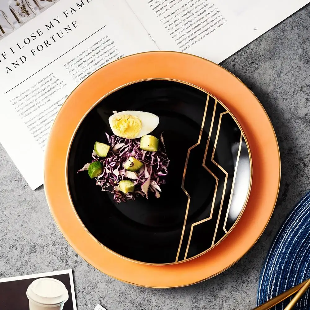 8 and 10.5 inch Luxury color Ceramic Dinner Set gold inlay dinner plate and accent plate
8 and 10.5 inch Luxury color Ceramic Dinner Set gold inlay dinner plate and accent plate