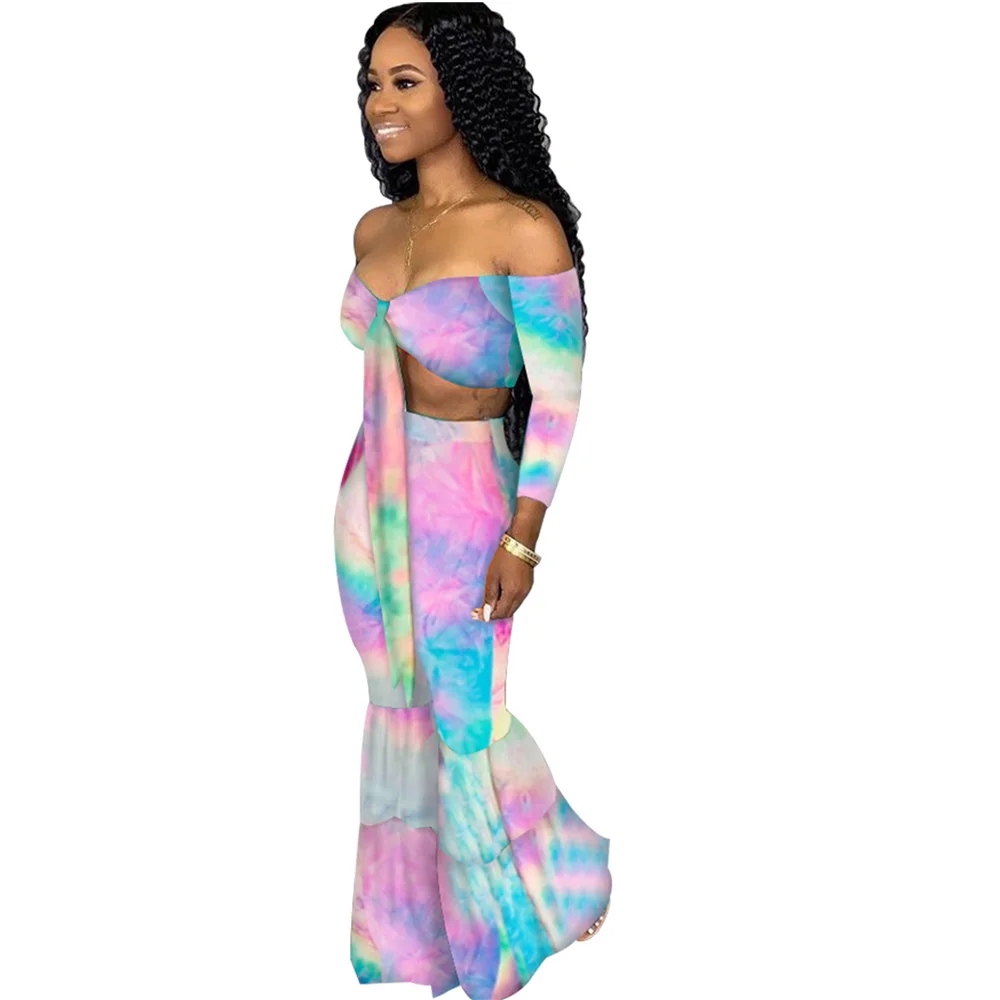 2019 women summer tie dye black hole galaxy tie up off the shoulder crop top flare long pants suit two piece set tracksuit K8803
2019 women summer tie dye black hole galaxy tie up off the shoulder crop top flare long pants suit two piece set tracksuit K8803