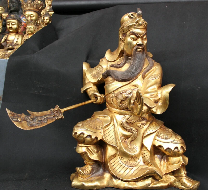 

song voge gem S1862 22" Chinese Bronze Gilt Seat Guan Gong Yu Warrior God Sword Dragon knight Statue