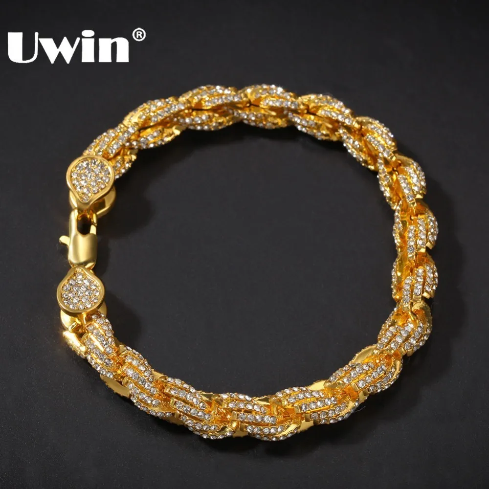 UWIN Hiphop женский мужской модный веревочный цепочный Браслет Bling Стразы 9 мм золотой