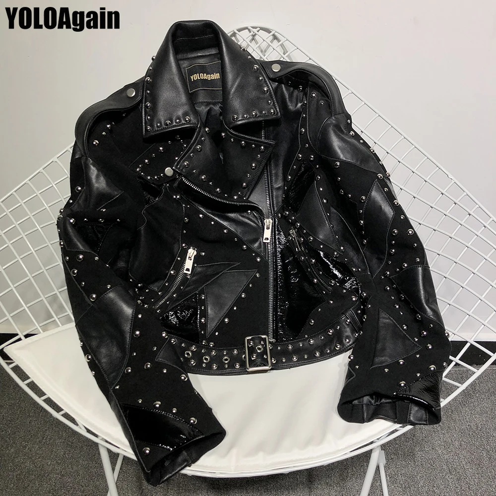 YOLOAgain Women genuine leather jacket ladies long sleeve rivet black real leather jacket
YOLOAgain Women genuine leather jacket ladies long sleeve rivet black real leather jacket