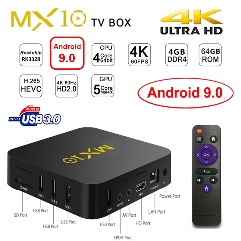 

MX10 Android 9.0 Smart TV Box RK3328 Quad Core 4G Ram 64G Rom HDR 4K H.265 USB 3.0 2.4G Wifi IPTV Smart Set-top BOX Media Player