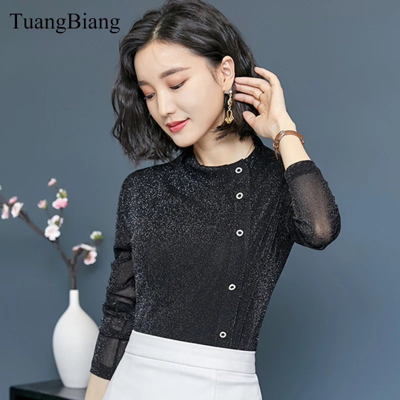 Mesh top bottoming shirts Autumn Button Round Neck Long sleeve T Shirt Woman Shine Sexy elasticity Female Tops Korean style 2018
Mesh top bottoming shirts Autumn Button Round Neck Long sleeve T Shirt Woman Shine Sexy elasticity Female Tops Korean style 2018