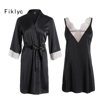 Fiklyc brand two pieces women's lounge sets fashion 2019 spring new design female lace & satin thin style sleepwear bathrobe set 
Fiklyc brand two pieces women's lounge sets fashion 2019 spring new design female lace & satin thin style sleepwear bathrobe set