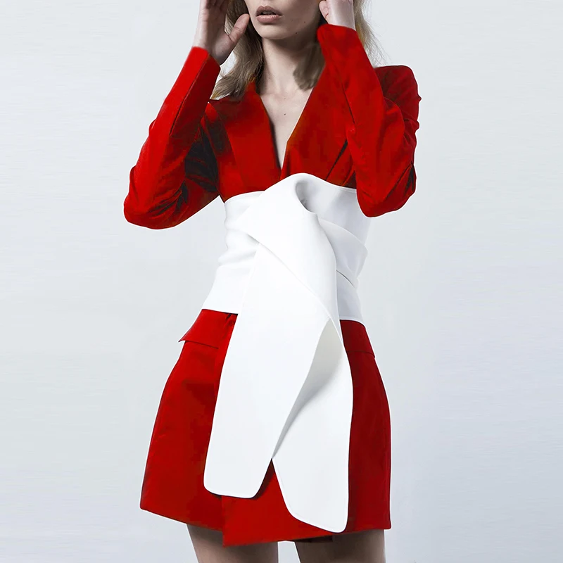 HIGH QUALITY 2019 Newest Designer Stylish Blazer Women's Long Sleeve Color Block Lacing Belt Long Blazer Coat 
HIGH QUALITY 2019 Newest Designer Stylish Blazer Women's Long Sleeve Color Block Lacing Belt Long Blazer Coat