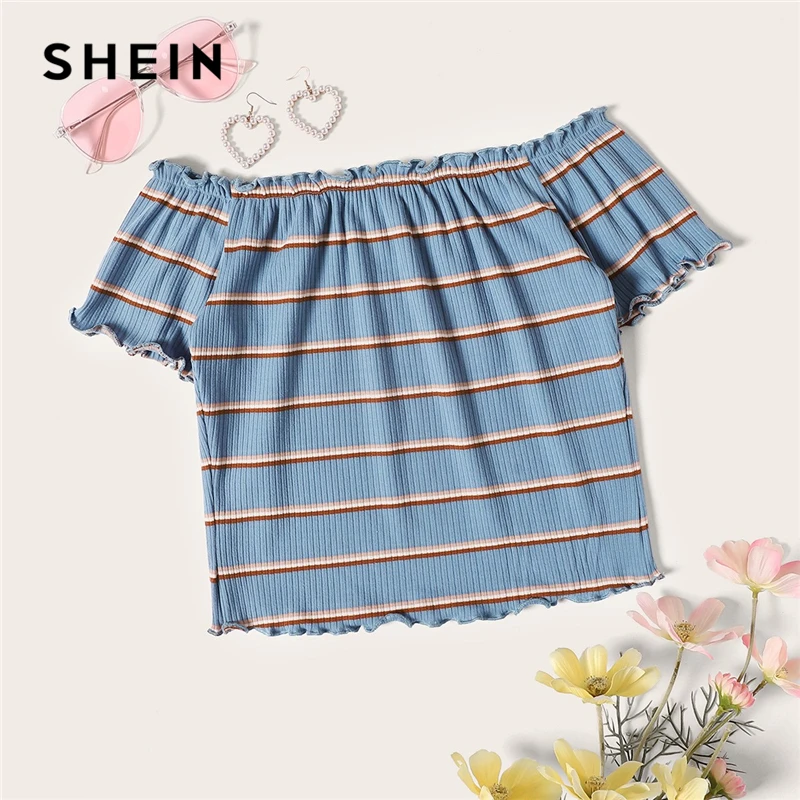 

SHEIN Lettuce Trim Rib-Knit Striped Crop Bardot Tee Blue Women Off the Shoulder Slim Fit Tops Summer Short Sleeve Tshirt