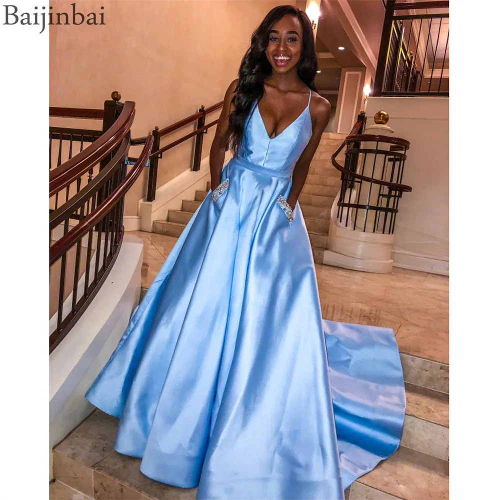 Baijinbai Satin Spaghetti Straps Long Prom Dresses 2019 A Line V Neck Evening Dress with Jeweled Pockets Floor Length Party Gown 
Baijinbai Satin Spaghetti Straps Long Prom Dresses 2019 A Line V Neck Evening Dress with Jeweled Pockets Floor Length Party Gown