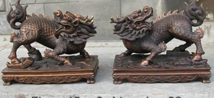 9" Chinese FengShui Pure Bronze Wealth Coins Kylin Kirin Chi-Lin Statue Pair 
9" Chinese FengShui Pure Bronze Wealth Coins Kylin Kirin Chi-Lin Statue Pair