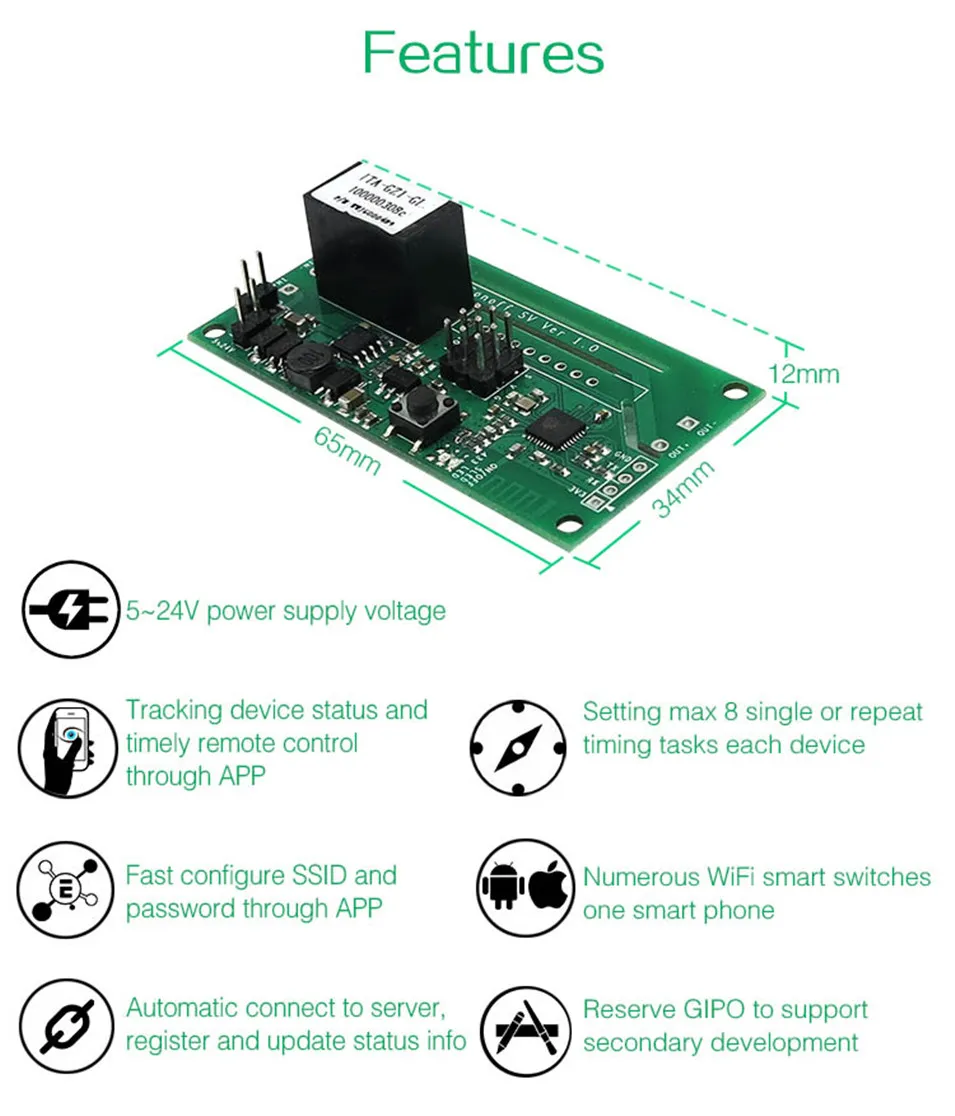 Sonoff SV Safe Voltage WiFi Wireless ONOFF Switch Smart Home DIY Module 5-24V Control AC DC Power work with Alexa Nest Ewelink