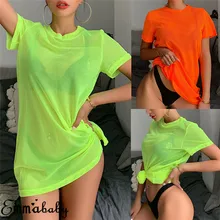 Sexy mulher sheer malha bikini cover up maiô maiô ver através de manga curta camiseta topos verão vestido de praia(China)