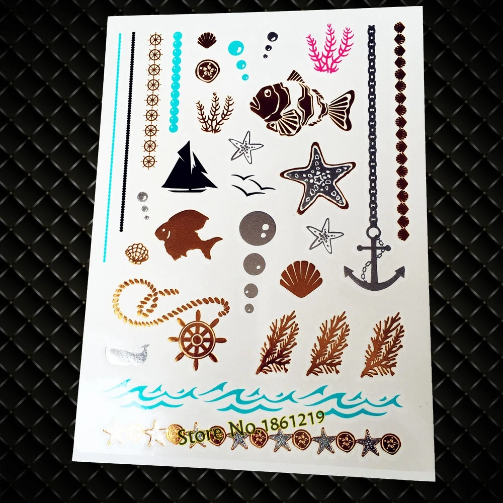 25 Style Hot Gold Metallic Sea Fish Anchor Tattoo Waterproof Fake Starfish Rudder Tatoo Body Art Flash Temporary Tattoo Stickers
25 Style Hot Gold Metallic Sea Fish Anchor Tattoo Waterproof Fake Starfish Rudder Tatoo Body Art Flash Temporary Tattoo Stickers