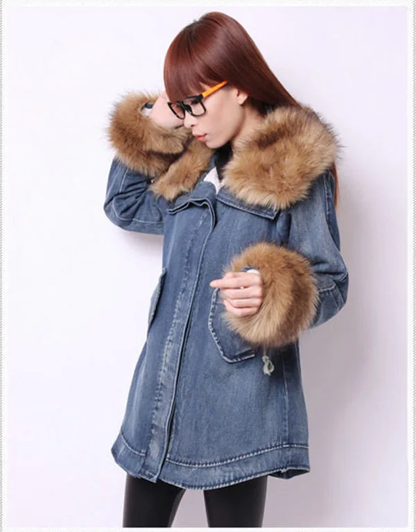 2014 Winter Women'S Long Thick Warm Denim Cotton Padded Jacket Rabbit Fur Collar And Sleeve Lamb'S Wool Hooded Denim Coat H2923
2014 Winter Women'S Long Thick Warm Denim Cotton Padded Jacket Rabbit Fur Collar And Sleeve Lamb'S Wool Hooded Denim Coat H2923