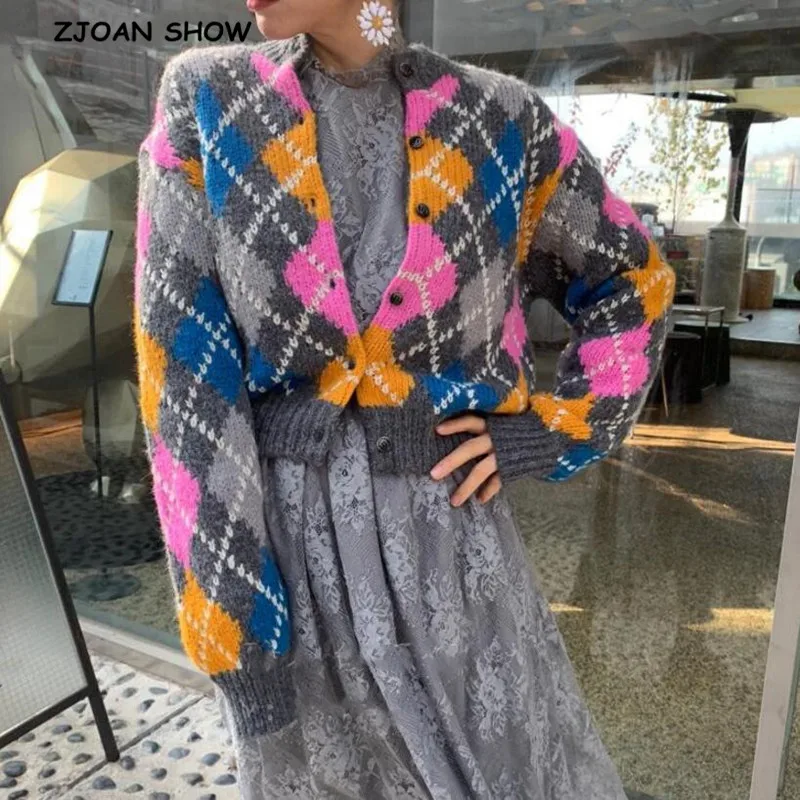 2019 Korea Rhombus Plaid Cardigan Sweater Retro Women o neck Long Sleeve Knitted Knitwear Jumper kleding jerseis mujer femme
2019 Korea Rhombus Plaid Cardigan Sweater Retro Women o neck Long Sleeve Knitted Knitwear Jumper kleding jerseis mujer femme