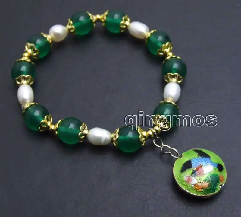 10mm Green Round Natural Beads and 7-8mm White Rice Pearl Bracelet & Green Cloisonne -b382 Wholesale/retail Free ship
10mm Green Round Natural Beads and 7-8mm White Rice Pearl Bracelet & Green Cloisonne -b382 Wholesale/retail Free ship