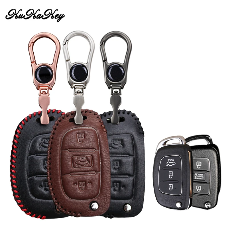 Genuine Leather Car Key Case Cover For Hyundai Elantra Santa Fe Solaris IX25 IX35 Creta Accent Tucson HB20 Flip Rings Holder | Автомобили