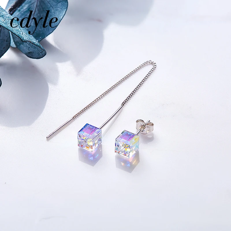 

Cdyle 925 Sterling Cube Earrings Embellished with crystal Women Drop Dangle Earring Party Gifts Bohemian