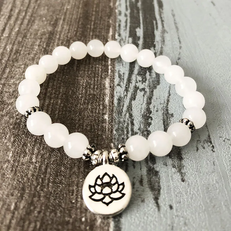 8MM White stone Bracelet With Lotus pendant Women Calming wrist Intention Mala Bracelet Yoga Buddha Charm customs
8MM White stone Bracelet With Lotus pendant Women Calming wrist Intention Mala Bracelet Yoga Buddha Charm customs