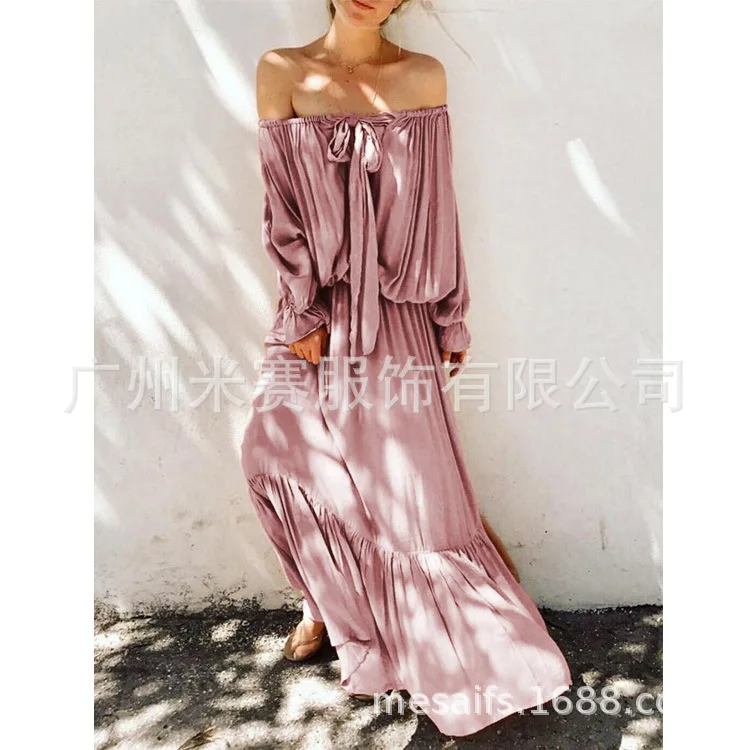 Office Lady Fashion Boho Maxi Woman Dress Solid Bow Vintage Beach Dresses Slash Neck Long Sleeve Party Vestido 
Office Lady Fashion Boho Maxi Woman Dress Solid Bow Vintage Beach Dresses Slash Neck Long Sleeve Party Vestido