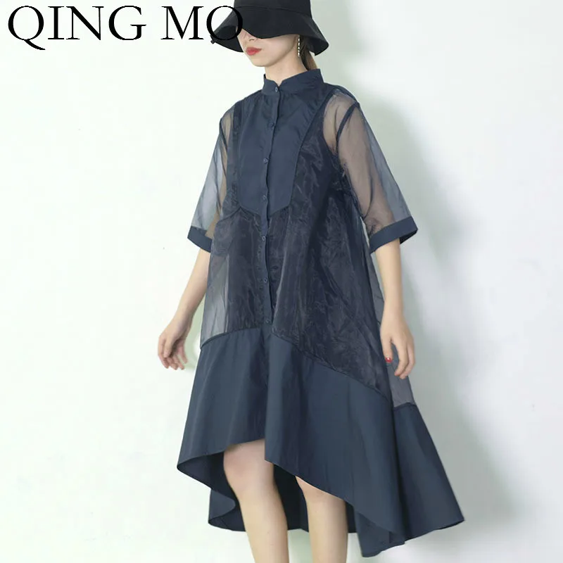 QING MO Women Black Blue Solid Dress Women Mesh Patchwork Dress Lady Irregular Dress With Black Vest Women Two Pieces Set ZQY836
QING MO Women Black Blue Solid Dress Women Mesh Patchwork Dress Lady Irregular Dress With Black Vest Women Two Pieces Set ZQY836