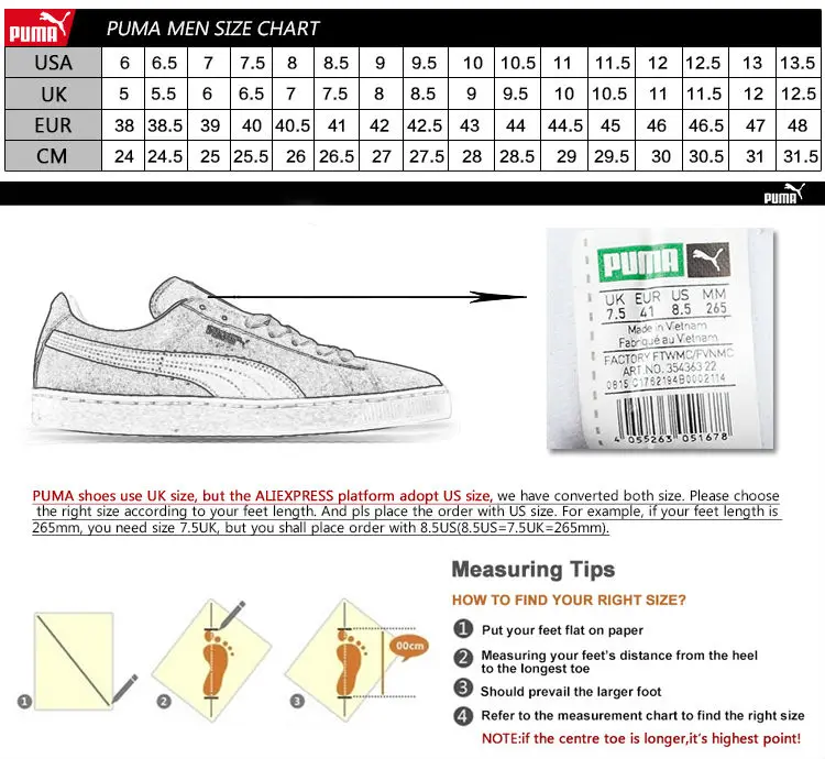 puma footwear size chart