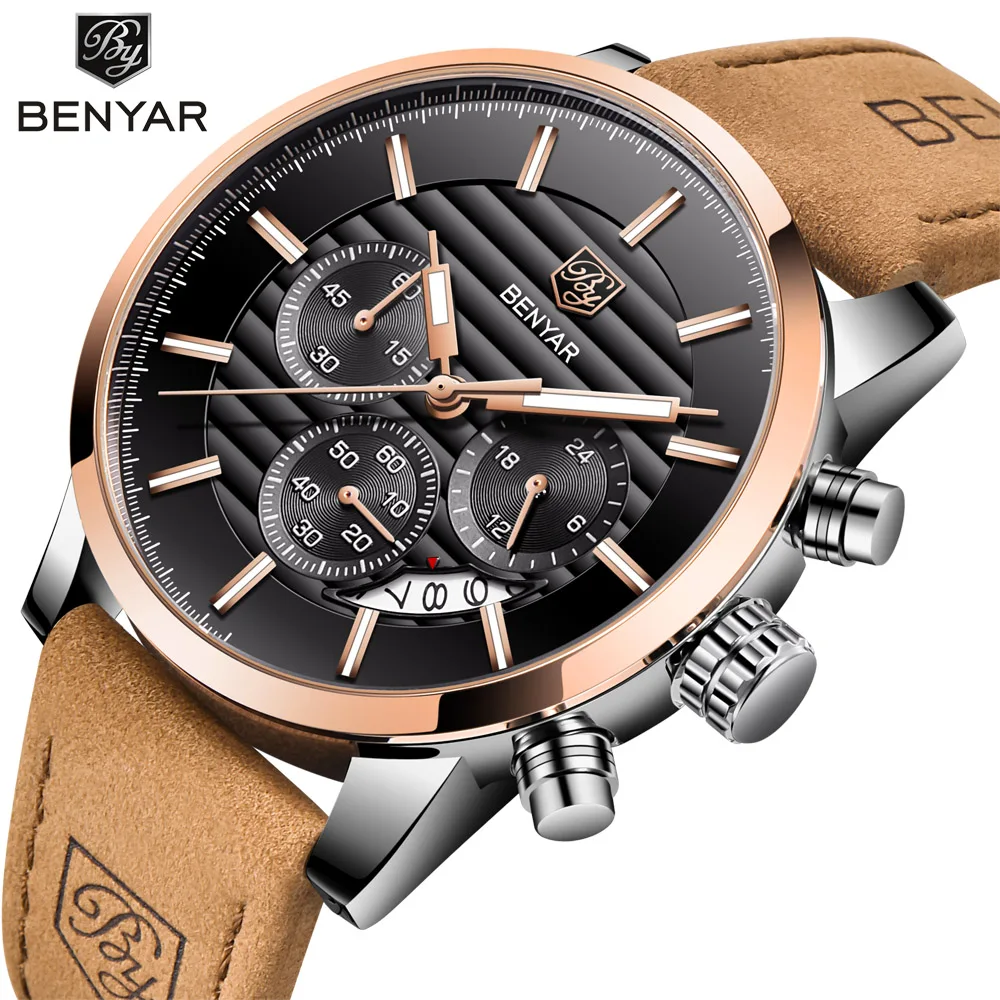 BENYAR Men Watch Top Brand Luxury Quartz Mens Sport Analog Leather Strap Male Wristwatch Gold Black Waterproof Clock xfcs | Наручные часы