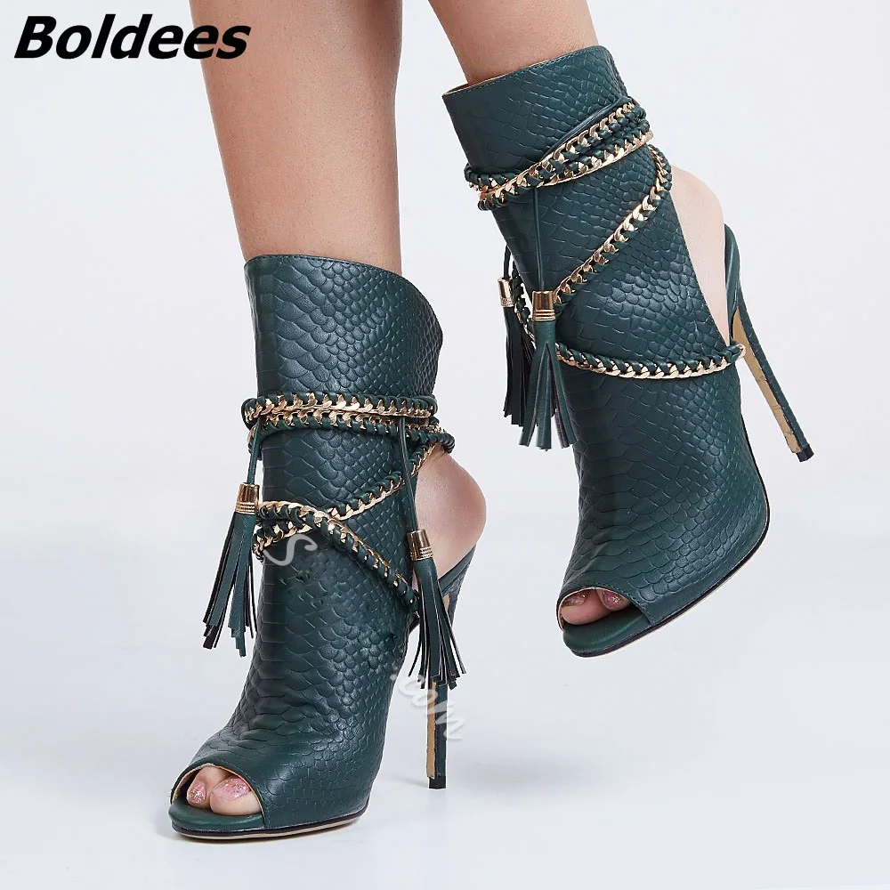 

2017 New Style Women Elegant Snakeskin Peep Toes Stiletto Heel Fringe Sandals Woven Ropes Ankle-Wrap Tassel Dress Sandals Bootie