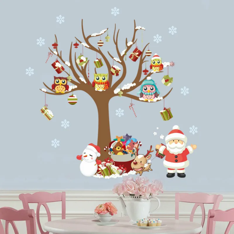 

New Santa Claus Gift Giving Wall Sticker Art Decals Christmas Tree Snowman Owl Home Decoration Adesivos De Natal Party Supplies