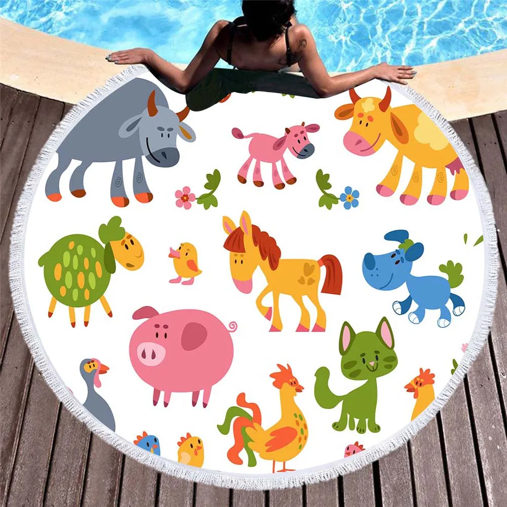 

Lovely Happy Zoo Printed Carton Animals round beach towel large 150*150 thick Microfiber fabric bath towel for beach home Decor