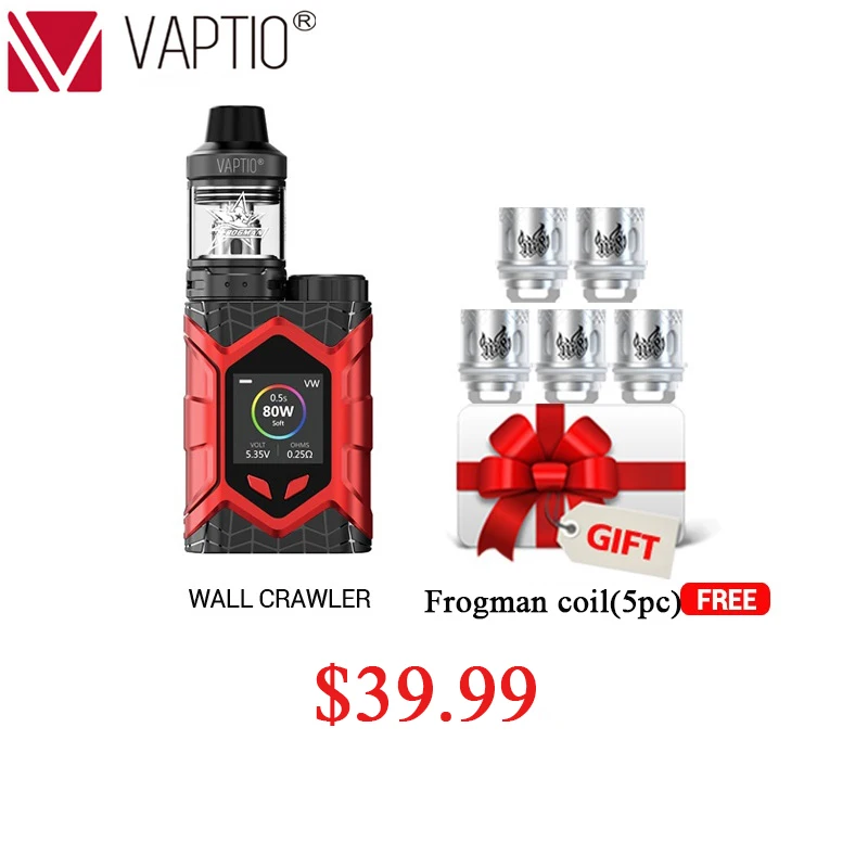E Cigarette Vaptio Wall Crawler KIT 80W FROGMAN TANK 5.0ML Vapor Kit Support Firmware Upgradeable Vapor TCR 1.3inch TFT Screen
E Cigarette Vaptio Wall Crawler KIT 80W FROGMAN TANK 5.0ML Vapor Kit Support Firmware Upgradeable Vapor TCR 1.3inch TFT Screen