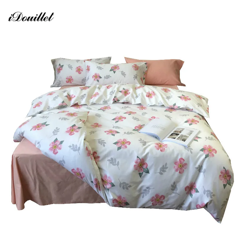 

iDouillet Floral Bedding Set 4pcs 400TC Cotton Peach Blossom Flowers Duvet Cover Bed Flat Fitted Sheet Pillowcases Queen King