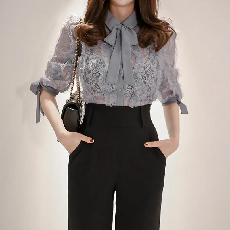 CBAFU korean two piece set pants suit women slim gray lace blouse shirt office lady OL work suit women's set ladies pants D608
CBAFU korean two piece set pants suit women slim gray lace blouse shirt office lady OL work suit women's set ladies pants D608