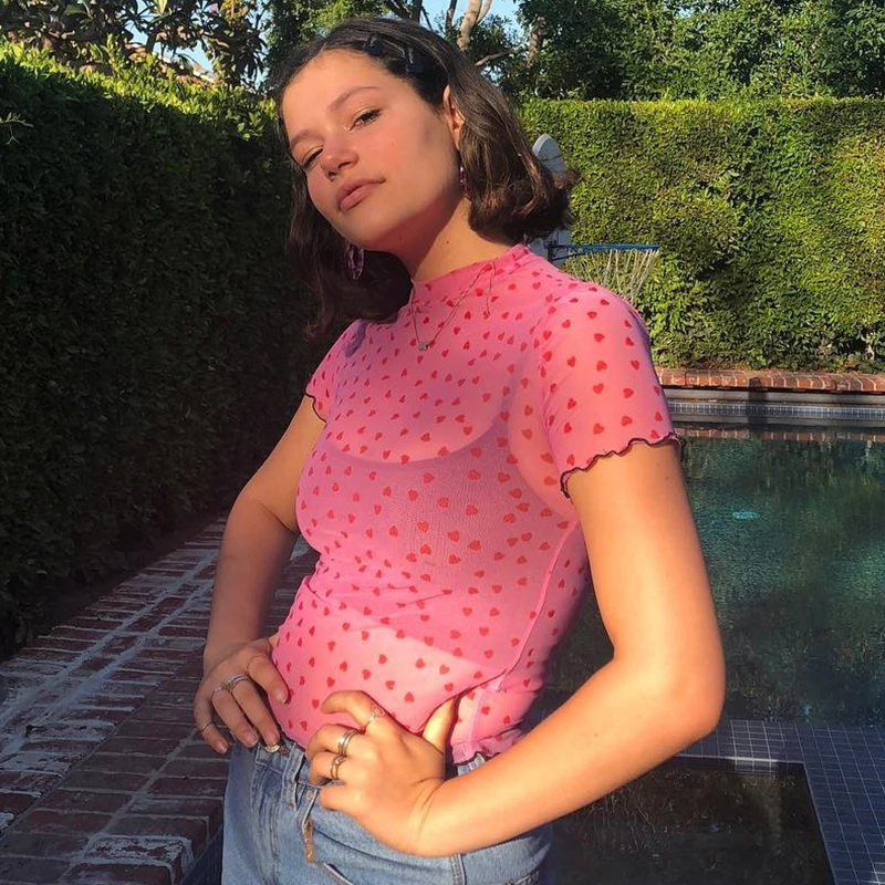 Sweetown New Arrival 2019 Pink Kawaii Cropped Tshirt Top Heart Print Cute Woman Clothes Short Sleeve Sexy Mesh Summer T Shirt
Sweetown New Arrival 2019 Pink Kawaii Cropped Tshirt Top Heart Print Cute Woman Clothes Short Sleeve Sexy Mesh Summer T Shirt