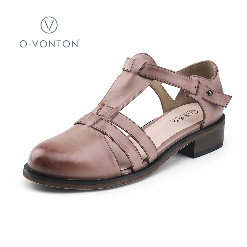 Q.VONTON Women's Cur-Out Leather Sandals w/ Cover Toe & Wedged Heel & Buckle