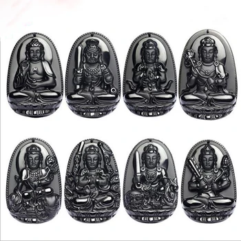 

Natural Obsidian Pendant Eight Guardian Twelve Zodiac Natal Buddha Mascot Amulet Lucky Necklace Opening For Women Men Big Size