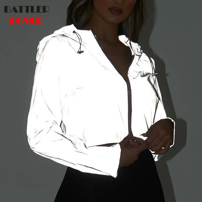 2019 Summer Light Reflective Cloth Short Jacket Women Fashion Zipper Motorcycle Biker Jacket Ladies Basic Dance Street Jackets