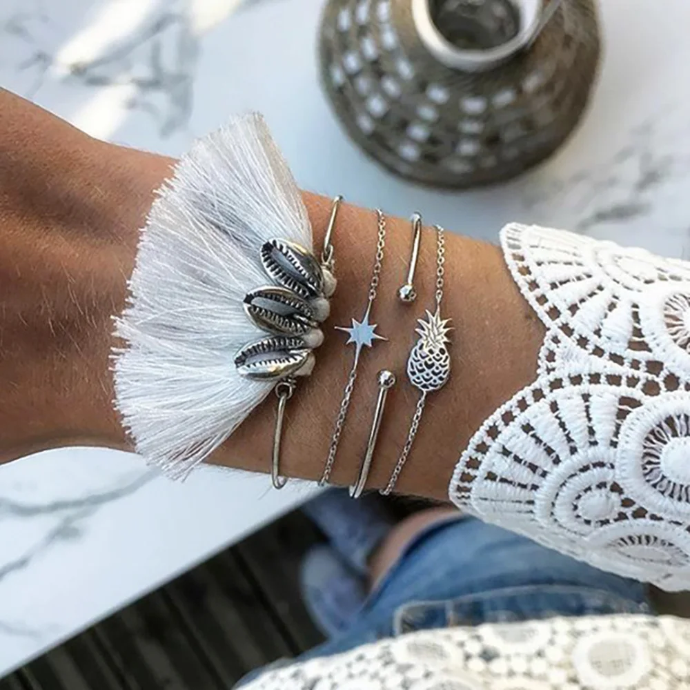 Silver Open Bangle Set Bohemian Pineapple Star Charm Bracelet For Women Multilayer Shell Tassel Bracelets Bangles Femme Jewelry
Silver Open Bangle Set Bohemian Pineapple Star Charm Bracelet For Women Multilayer Shell Tassel Bracelets Bangles Femme Jewelry