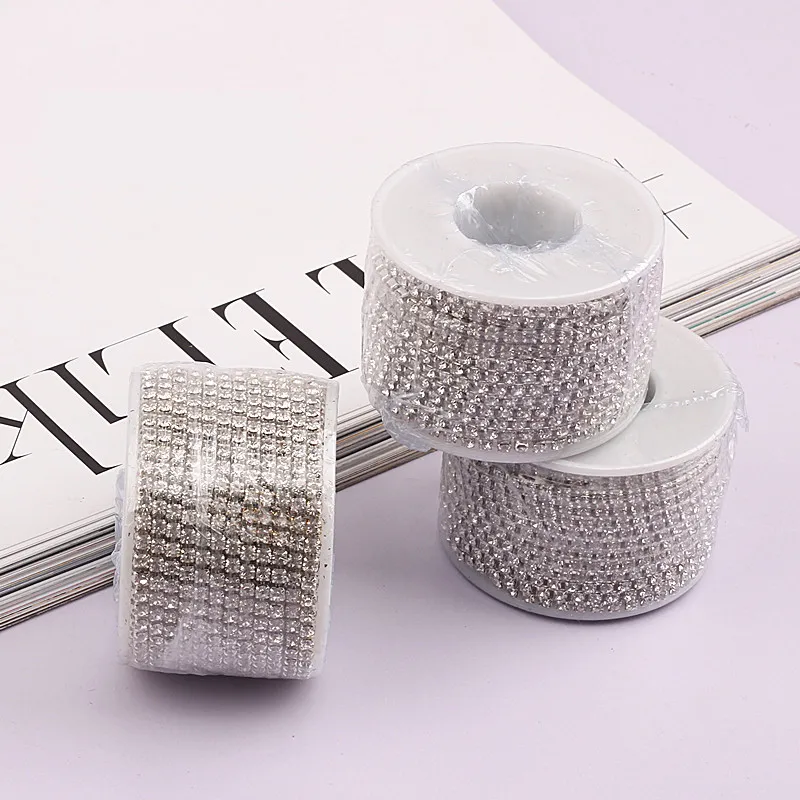 1 Roll 10 Yards Crystal AB Rhinestone Trim Cup Chain Sewing Craft Silver Base Crystal AB, SS16 4mm