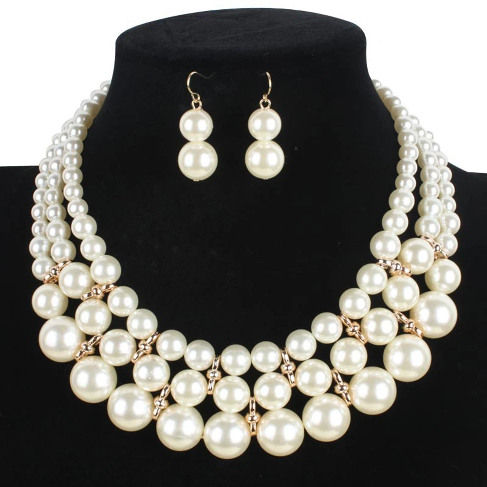 Jewelry Set European Women Fashion Necklace Earrings Simple simulated Pearl Pendant african beads Gold Color Wedding Sets 2017 | Украшения