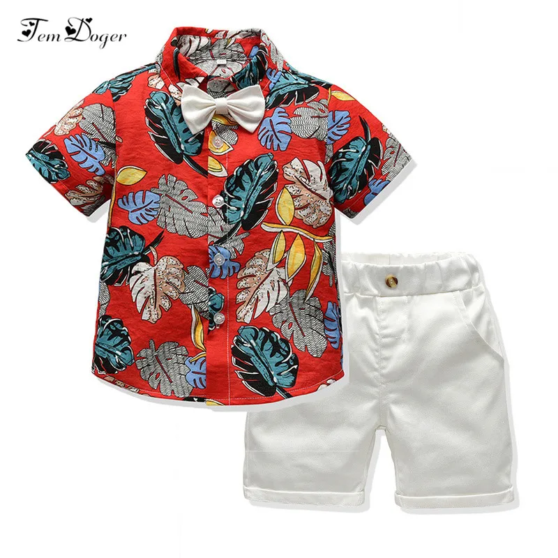 Tem Doger Boy Clothing Sets 2019 Summer Toddler Children Boys Clothes Floral Tie Shirt+Shorts 2PCS Outfits Set Kids |