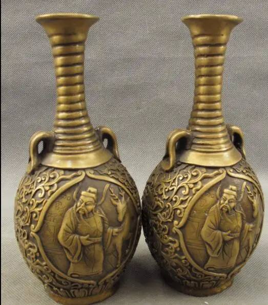 S02623 Folk Chinese Bronze Carved Old Man Deer Sika Statue Flower Twin Vase Pot Pair B0403