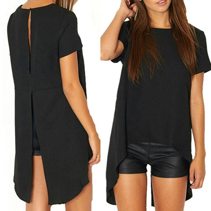 2019 Casual Women Solid Black Short Sleeve shirts Summer style Split High Low Long Back Round Neck Blouse Loose Shirt Blusas
2019 Casual Women Solid Black Short Sleeve shirts Summer style Split High Low Long Back Round Neck Blouse Loose Shirt Blusas