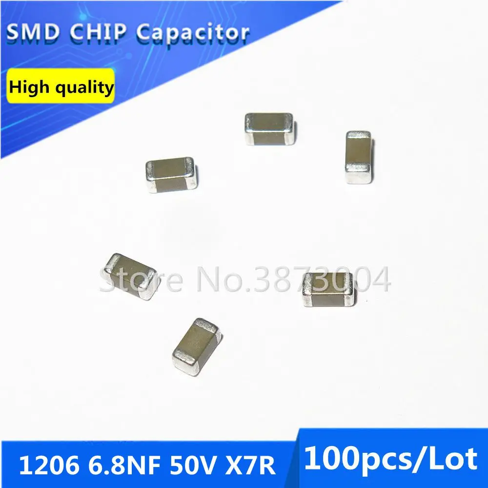 

100pcs 1206 6.8NF 50V X7R 10% Thick Film Chip Multilayer Ceramic Capacitor