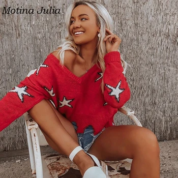 Motina Julia 2019 Christmas star sweater women v neck ripped cropped knitted jumper casual female tops
Motina Julia 2019 Christmas star sweater women v neck ripped cropped knitted jumper casual female tops