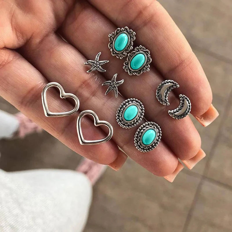 5 Pairs /Set Bohemian Engraving Starfish Moon Heart Love Round Gem Silver Stud Earrings Set Women Charm Beach Party Jewelry Gift
5 Pairs /Set Bohemian Engraving Starfish Moon Heart Love Round Gem Silver Stud Earrings Set Women Charm Beach Party Jewelry Gift