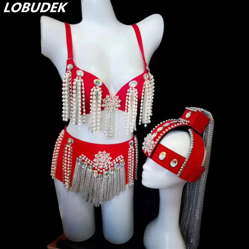 Sexy Female Nightclub Clothing Sparkly Rhinestones Bikini Stage Outfits Red Black Pearls Tassels Bra Shorts Party Show Costumes
Sexy Female Nightclub Clothing Sparkly Rhinestones Bikini Stage Outfits Red Black Pearls Tassels Bra Shorts Party Show Costumes