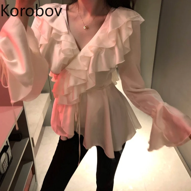 Korobov V-Neck Ruffles Lacing Slim Women Blouse Flare Long Sleeve Chiffon Female Shirts White Casual Korean Mujer Blusas 77239
Korobov V-Neck Ruffles Lacing Slim Women Blouse Flare Long Sleeve Chiffon Female Shirts White Casual Korean Mujer Blusas 77239