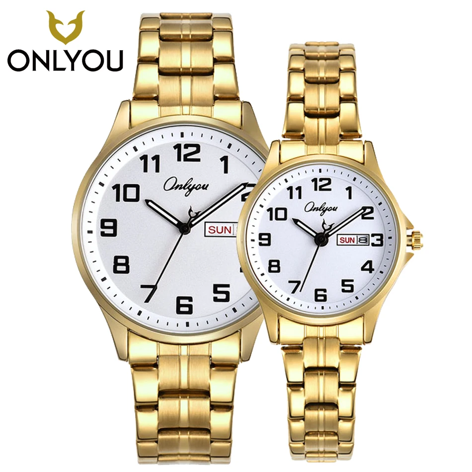 ONLYOU 2PCS Men Business Stainless Steel Math Watch Casual Women Luxury Gold and Silver Band lovers Watches Week Displays Clock
ONLYOU 2PCS Men Business Stainless Steel Math Watch Casual Women Luxury Gold and Silver Band lovers Watches Week Displays Clock
