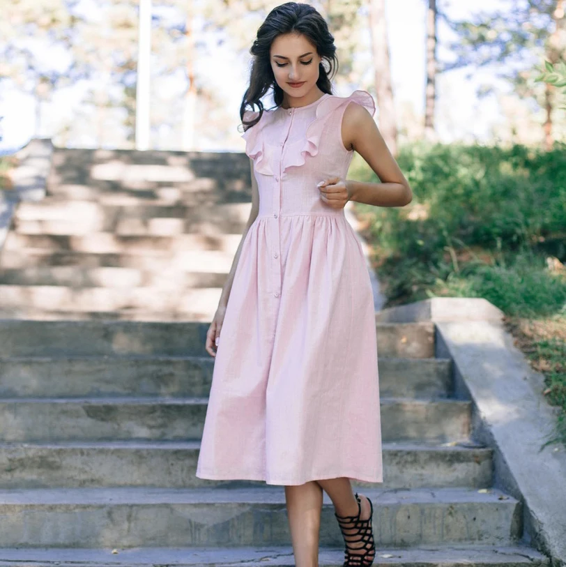 Ruffle Sleeveless Mid Lenght Dress With Front Button 